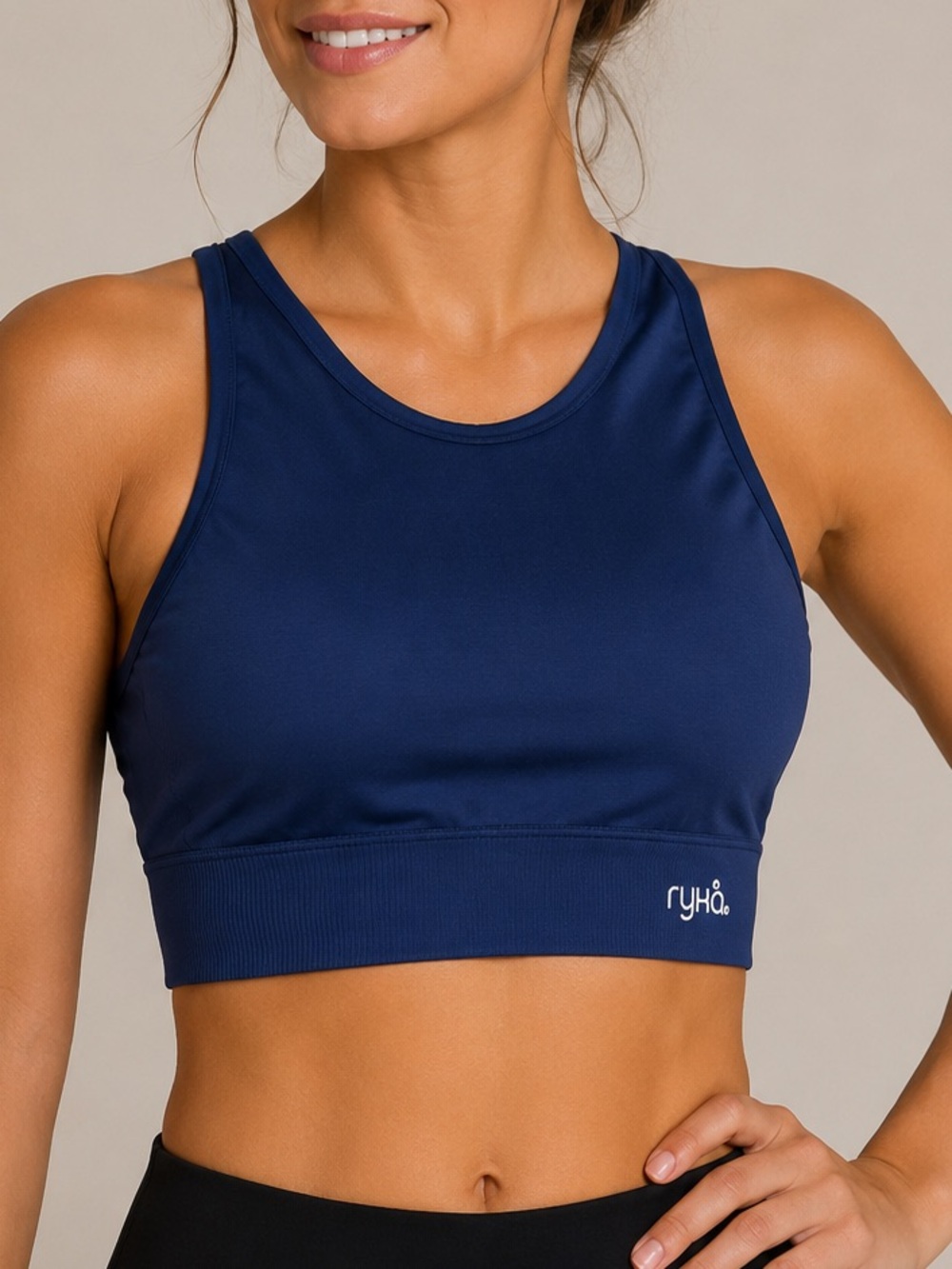 Ryka Sports Bra Women’s Large Navy Blue Racerback Seamless Padded Activewear
